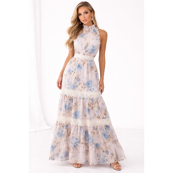 The Vintage Shop Dresses & Skirts - The Vintage Shop Floral Tiered Maxi Dress High Neck Ruffle Lace Detail Size S